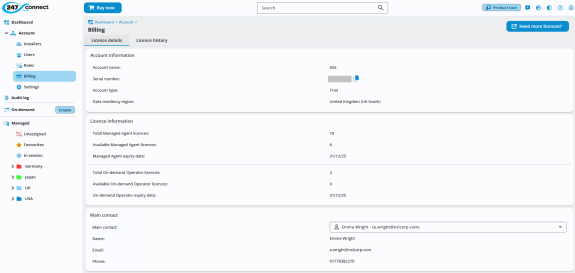Billing page of 247connect showing account, licence and primary contact.  Sidebar shows Account > Billing is selected.